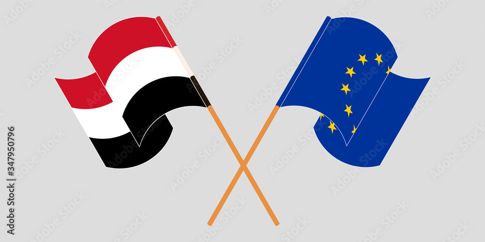 Crossed and waving flags of Yemen and the EU Crossed and waving flags of Yemen and the EU