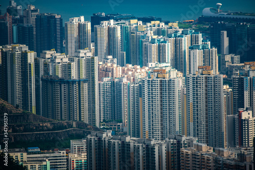 Hong Kong - March 26 2020 : Hong Kong cityscape and skyscraper modern building, view from mountains of Hong Kong