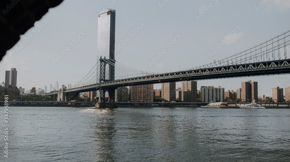 Modern cityscape with bridge over river in evening Modern cityscape with bridge over river in evening