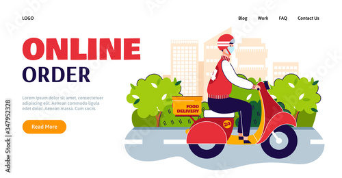 Online food order website banner with delivery courier in mask