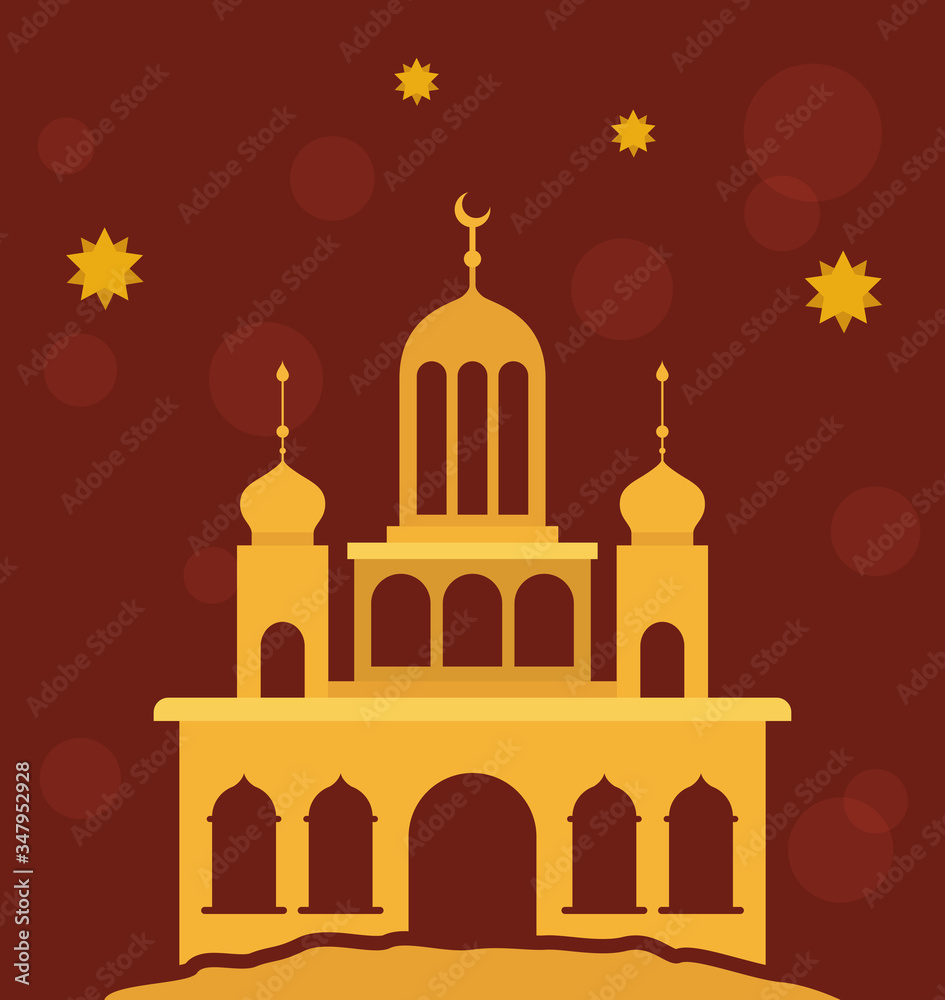 Eid mubarak gold temple with moon and stars vector design