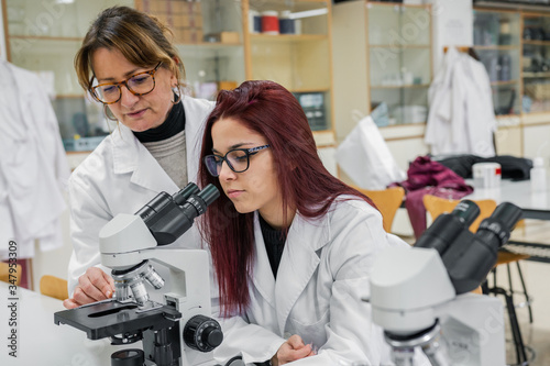 Female scientists using microscopes in lab photo