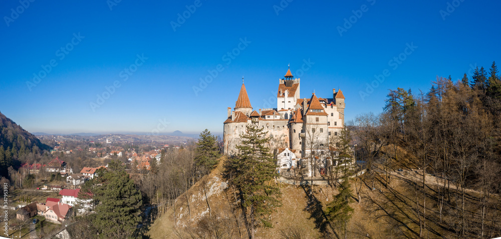 Bran Castle Dracula castle in Transylvania in Romania. Panoramic view