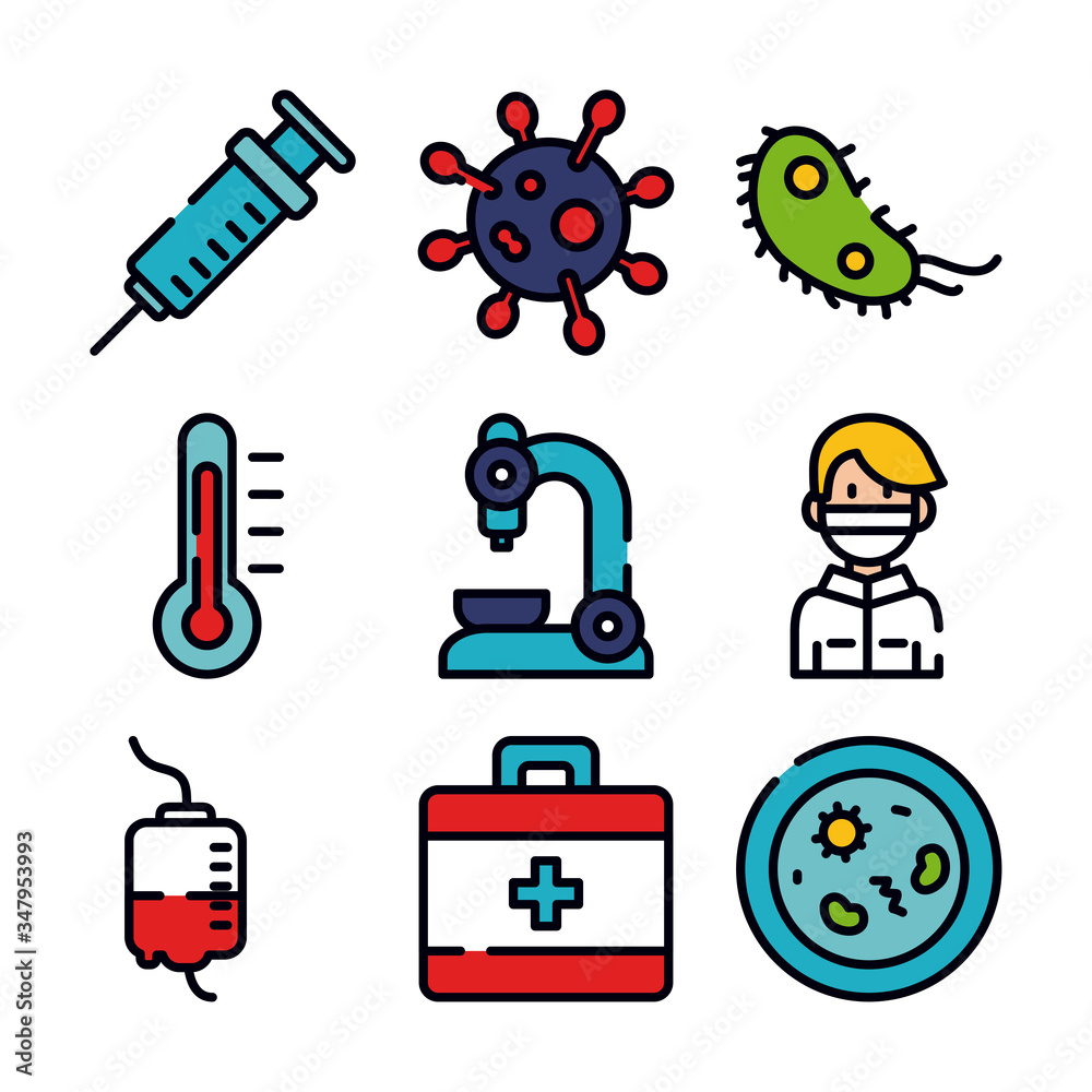 syringe, virus and medicine icon set, line and fill style