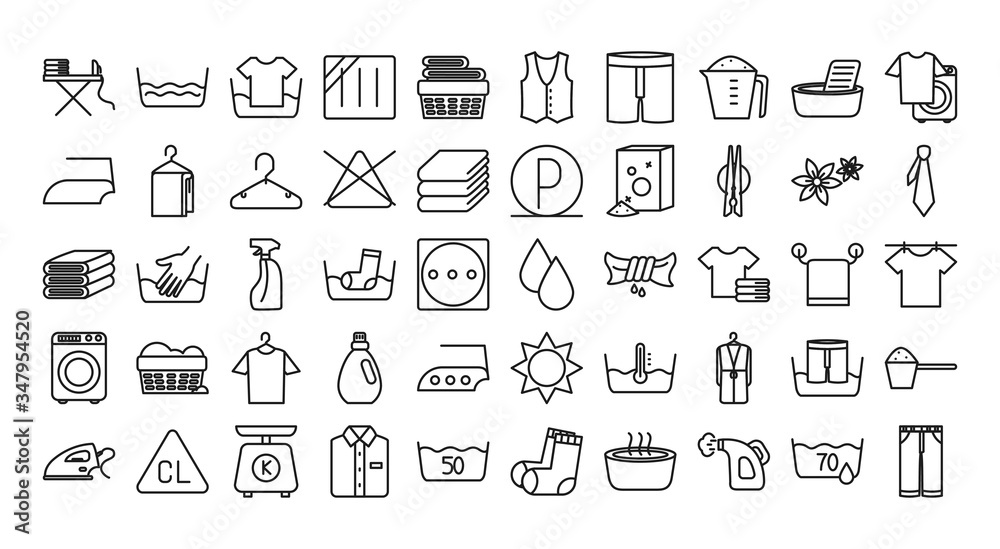 textile care symbols icon set, line style