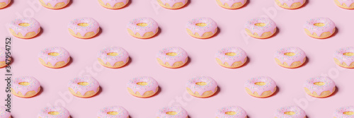 Pink donut pattern banner background. National Donut Day. Doughnut 3d model. Sweet junk food.