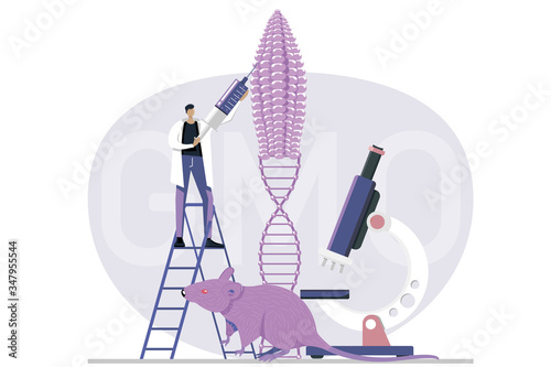 Genetic engineering. Genetically modified foods, GM foods. Food additives. Genetically engineered foods concept. DNA recombination.  Flat vector illustration