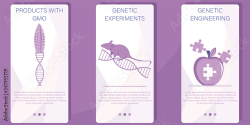 Genetic engineering. Genetically modified foods, GM foods. Food additives. Genetically engineered foods concept. App interface template. DNA recombination.  Flat vector illustration