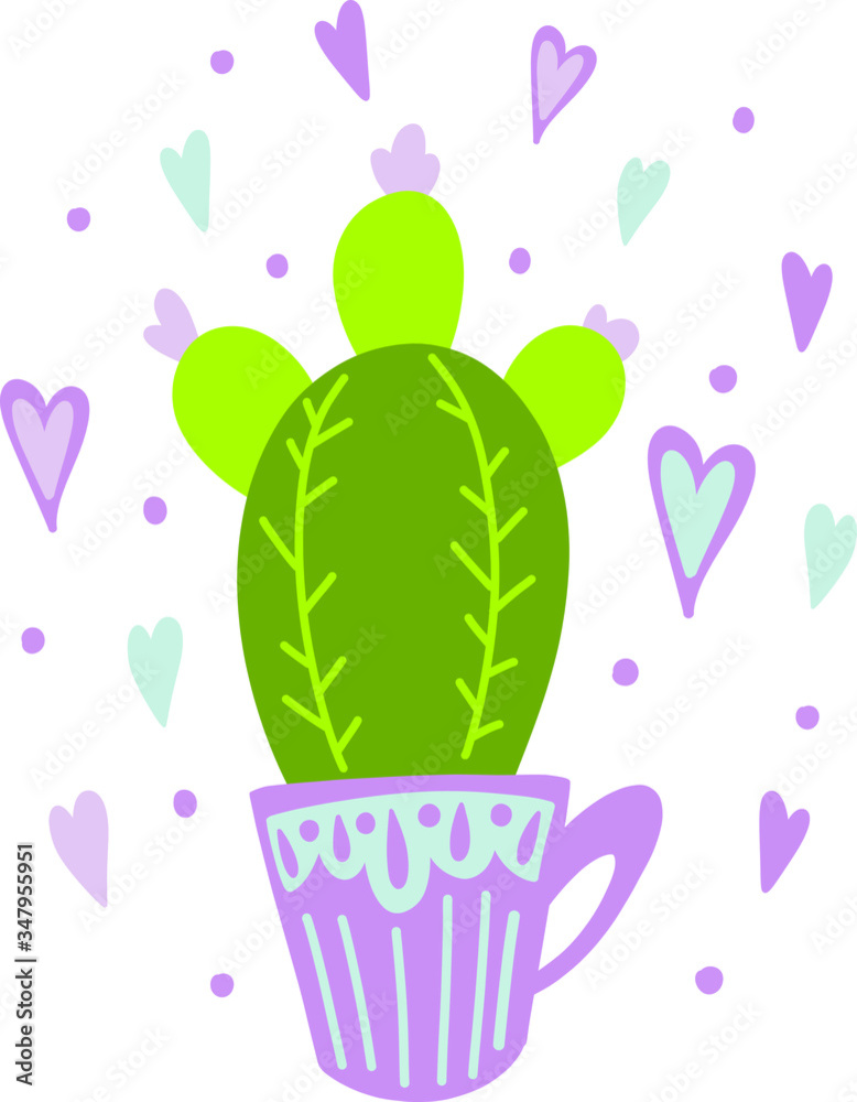 Cute vector illustration of aloe Vera, cactus, flower.