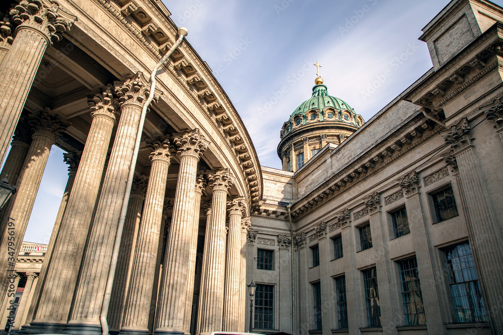 View of the colonnade and the dome of the Kazan Cathedral at sunset. Russia, Saint-Petersburg.