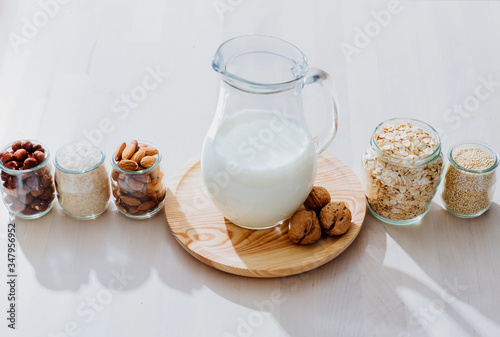 Ingredients for preparing vegan milk on table photo