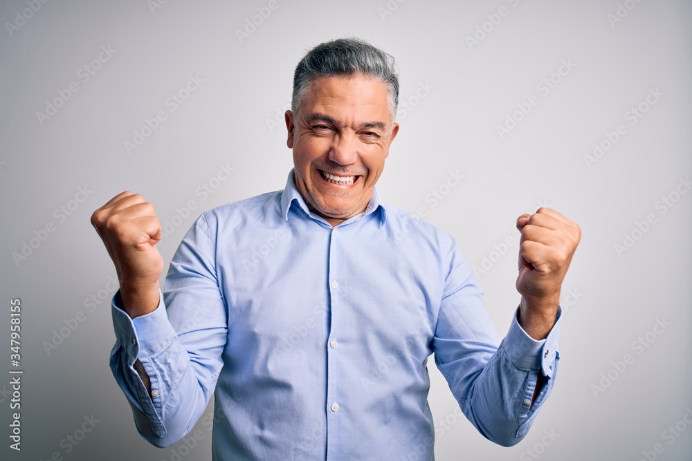 Middle age handsome grey-haired business man wearing elegant shirt over white background very happy and excited doing winner gesture with arms raised, smiling and screaming for success. Celebration