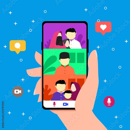 eid al fitr reunion stay at home using smartphone video call or teleconference due to covid-19 outbreak. social distancing campaign