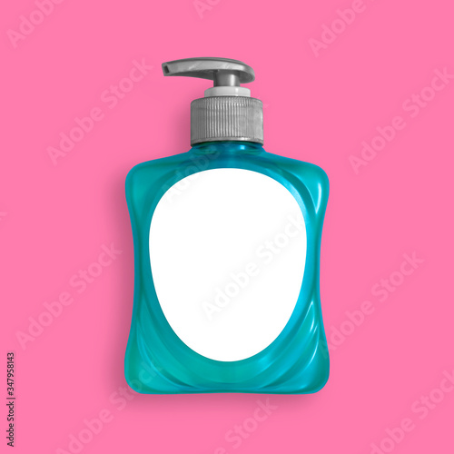 Hand sanitizer, washing gel, liquid soap, alcohol rub, pump bottle dispenser close up, isolated and presented in punchy pastel colors, with customizable label for creative design