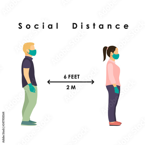 social distance. Full length sick people in medical masks and gloves standing against at a safe distance of 2 meters or 6 feet. flat vector illustration