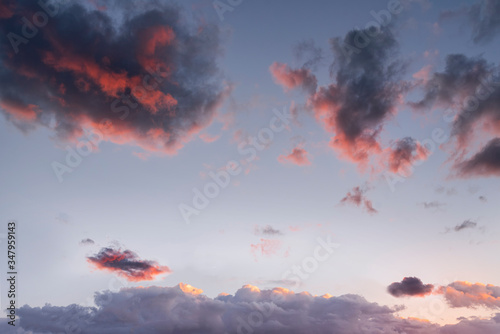 Beautiful bright sunset sky. Dramatic colorful clouds after sunset. Nature backgrounds