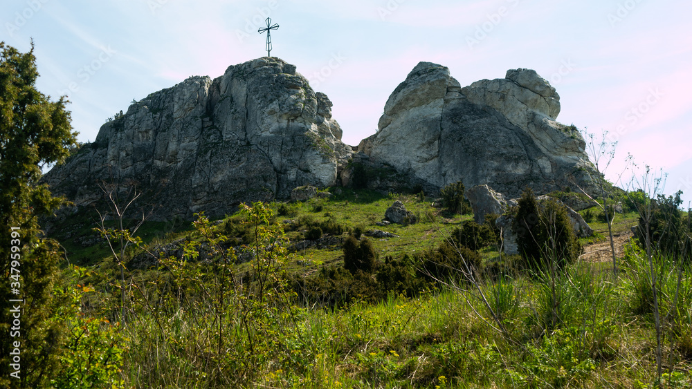 Fototapeta premium View of the Sokolich Mountains Reserve and rock stones in Olsztyn. A free space for an inscription