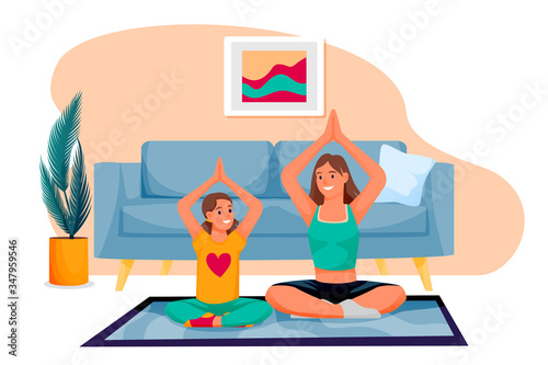 Happy mother and daughter do yoga exercises. Vector illustration. Family sport, leisure lifestyle and time at home.