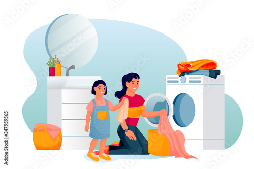 Mother and daughter wash clothes in laundry room. Vector illustration. Family housework, helping to parents at home work