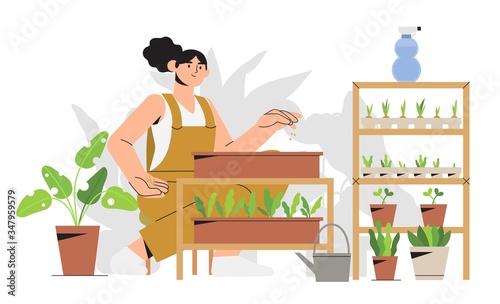 Woman gardener on balcony or patio growing plants or vegetables in flowerpots, bedding and watering seedlings. Urban apartment gardening or indoor vegitables farming banner. Seeds in paper containers.