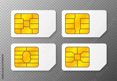 Realistic global collection phone sim card with different EMV chips. Nfc chip for credit card security isolated on white background. Vector.