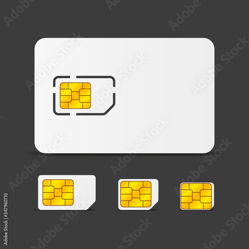 Realistic global phone sim card with different EMV chips. Nfc chip for credit card security isolated on white background. Vector.