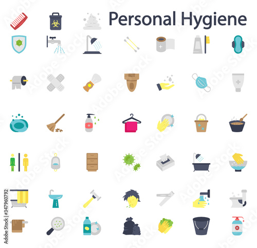 Personal hygiene Concept Vector Designs of Color Icon Set, Bodys cleanliness Equipment on White Background, Bathroom facilities and accessories Elements, Illness Prevention Symbols