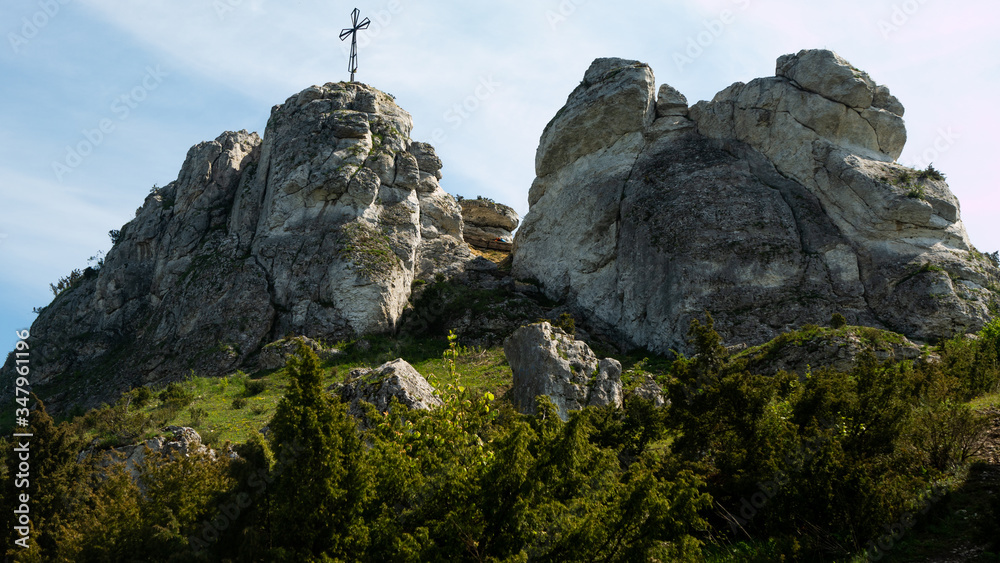 Fototapeta premium View of the Sokolich Mountains Reserve and rock stones in Olsztyn. A free space for an inscription