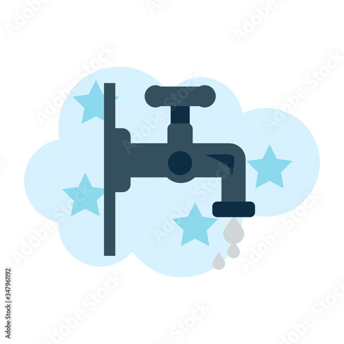 Faucet Water Blue Drop Flat Design on Bubble Sud background, Tap Nall with Stopcock Design Vector Color Icon Concept,
