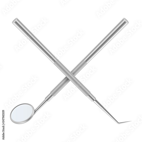 Vector 3d Realistic Dental Inspection Mirror and Probe for Teeth Closeup Isolated on White Background. Cross to Cross. Medical Dentist Tool. Design Template, Clipart