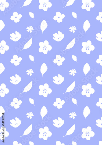 Cornflower blue pattern background. Abstract plants wallpaper. Minimalist floral repeatable background