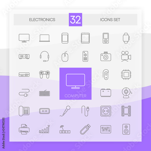 ELECTRONICS 32 icons set with flat abstract design isolated on white background. Vector.