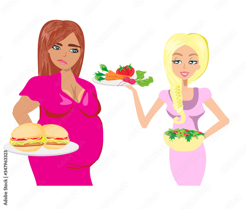 woman chooses between healthy and unhealthy food woman chooses between healthy and unhealthy food
