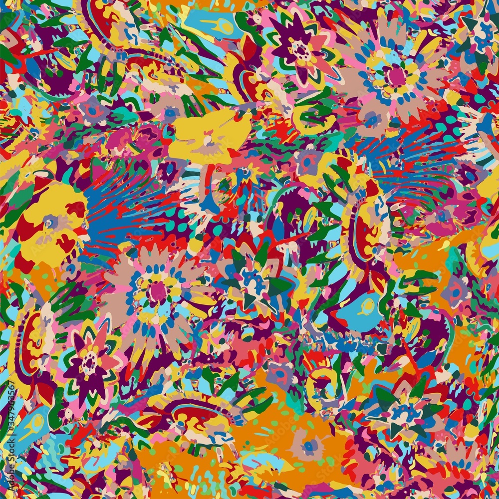 Exotic paradise plant seamless pattern. Art jungle , leaves and tropic palm tree. Print trendy multicolor silhouette painting brash floral summer vector background. Hawaiian Tropical floral print