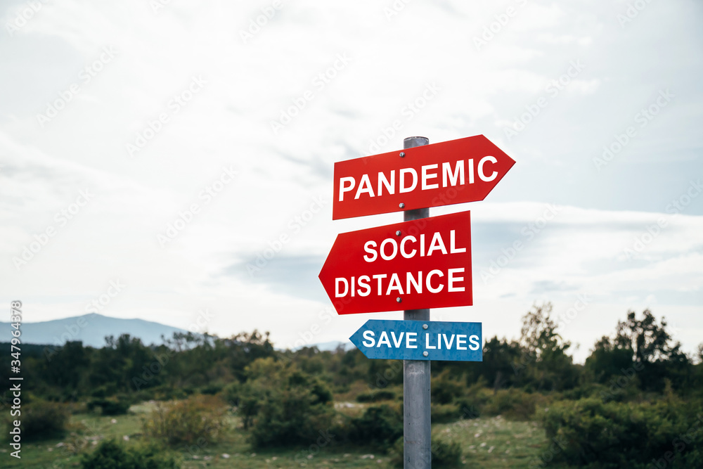 Pandemic, social distance save lives road warning signs. Social media campaign for coronavirus prevention