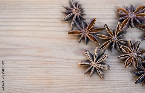 Close up of star anise on wooden background