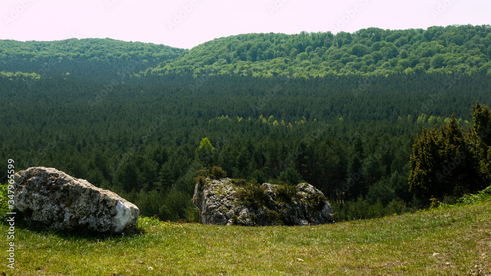 View of the Sokolich Mountains Reserve and rock stones in Olsztyn. A free space for an inscription