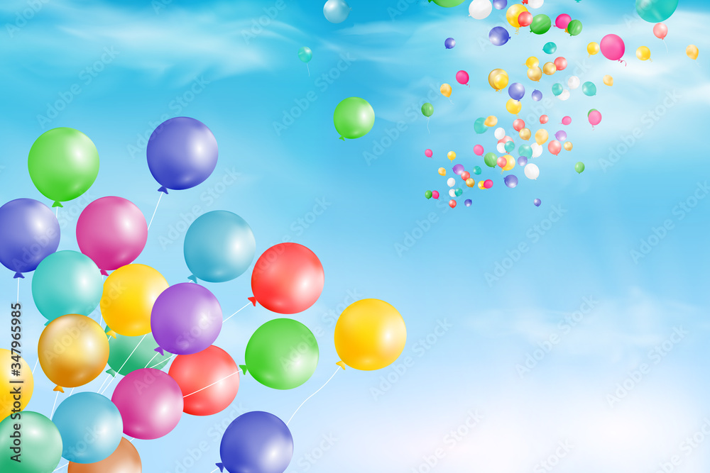 Flying bright Colorful Balloons with confetti, ribbon, serpentine in the blue sky party background. Festive birthday balloons background with space for text. vector illustration. Flying bright Colorful Balloons with confetti, ribbon, serpentine in the blue sky party background. Festive birthday balloons background with space for text. vector illustration.