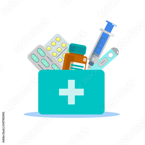 Vector flat illustration of medicine pills capsules bottles vitamins, tablets, syringe, thermometer, first aid kit doctor green bag with cross. Medical equipment. Design for logo, print, banner, card