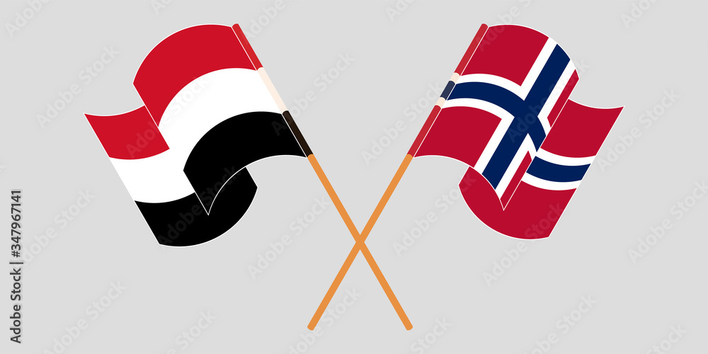 Crossed and waving flags of Yemen and Norway Crossed and waving flags of Yemen and Norway
