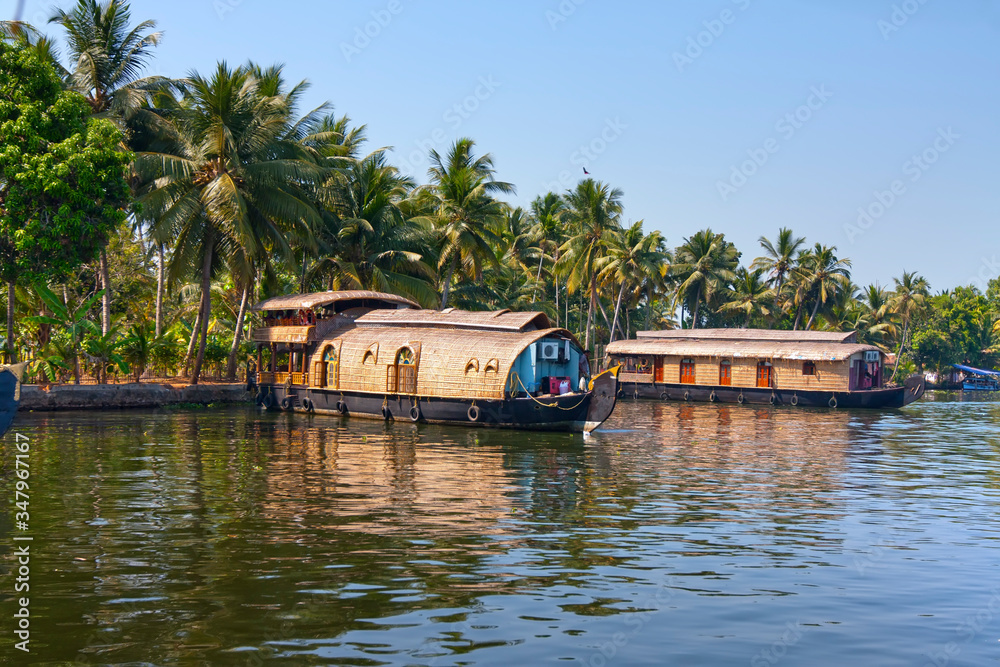 Houseboat on Kerala backwaters in Alleppey, India..