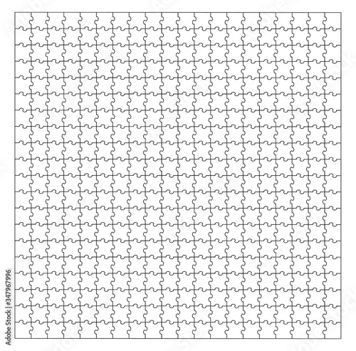 Set of four hundred fifty fifty puzzle pieces. Puzzle with different types of details and the ability to move each part. Black and white vector illustration isolated on white background.