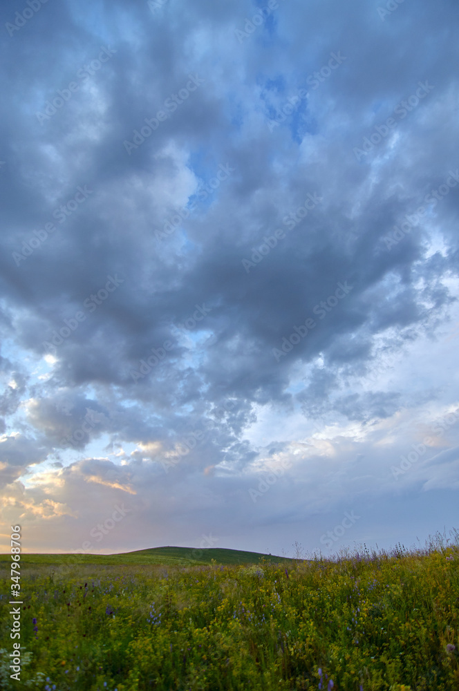 Fields of flowering grass under the evening sky. Zabaykalsky Krai. Russia. Fields of flowering grass under the evening sky. Zabaykalsky Krai. Russia.