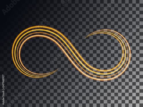 The abstract sign is Infinity. Golden neon, a light element made of thin yellow lines. Vector object on an isolated transparent background.