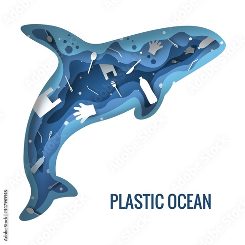 Text - plastic ocean. Plastic trash planet pollution concept vector illustration. Killer whale marine mammal outline filled with plastic waste 3d icon. Zero waste concept, microplastic pollution probl