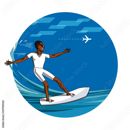 Cute funny man in swimwear surfing in sea or ocean. Happy surfer in beachwear with surfboard. Colorful flat cartoon vector illustration. Extreme sport concept.
