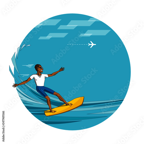 Cute funny man in swimwear surfing in sea or ocean. Happy surfer in beachwear with surfboard. Colorful flat cartoon vector illustration. Extreme sport concept.
