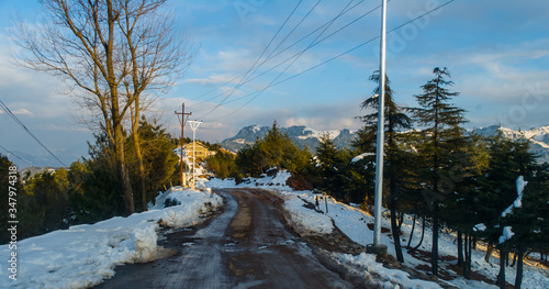 roads covered by snow between mountains of Patnitop and nathatop Jammu
 photo