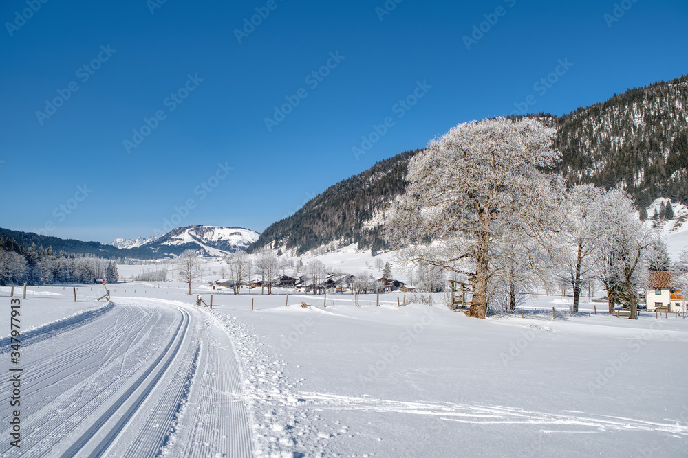 Winter mountain landscape with groomed ski trails. Leogang, Tirol, Alps, Austria