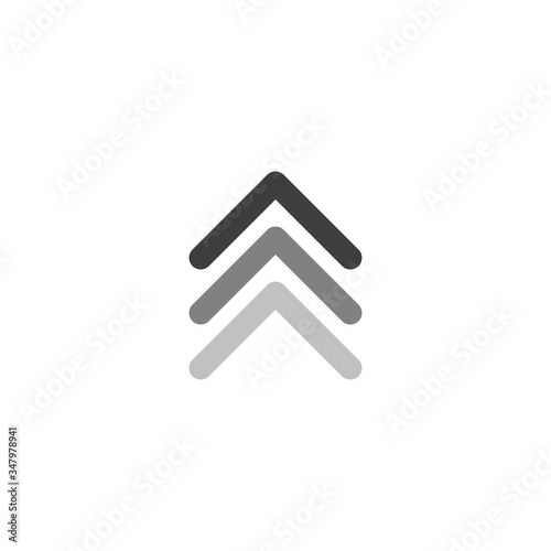 three black arrows up icon. swipe up or scroll button. Isolated on white. Upload icon. Upgrade, speed up sign. North pointing arrow.